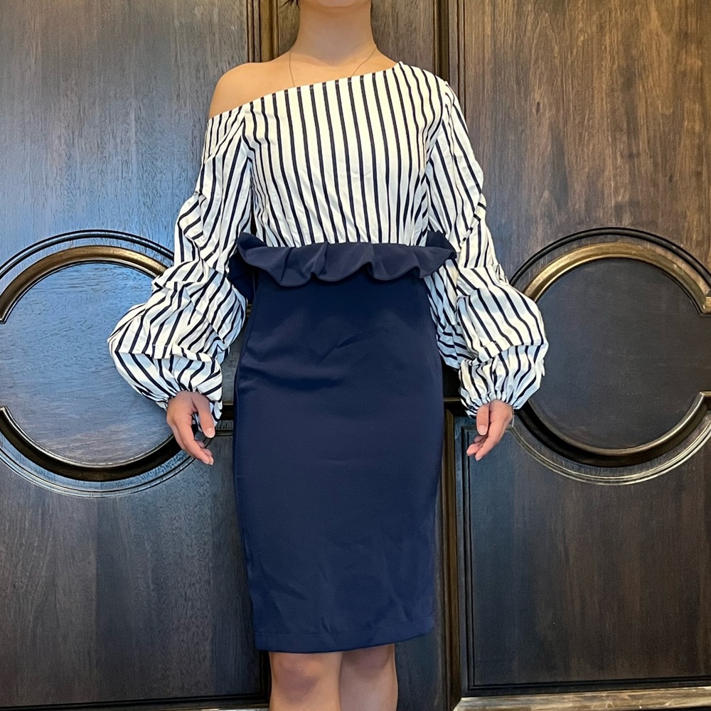 Striped Off-Shoulder Navy Peplum Pencil Dress